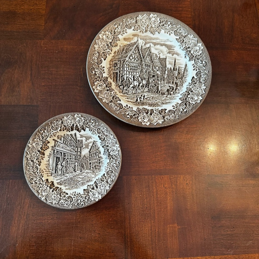 Staffordshire Transferware Brown and White Dinner and Salad Size Plates